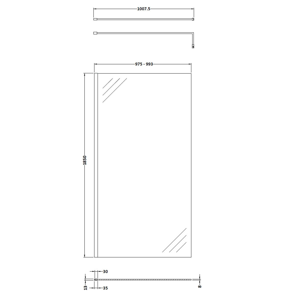 Fairford 1000mm Brushed Brass 8mm Wetroom Screen - 1850mm High