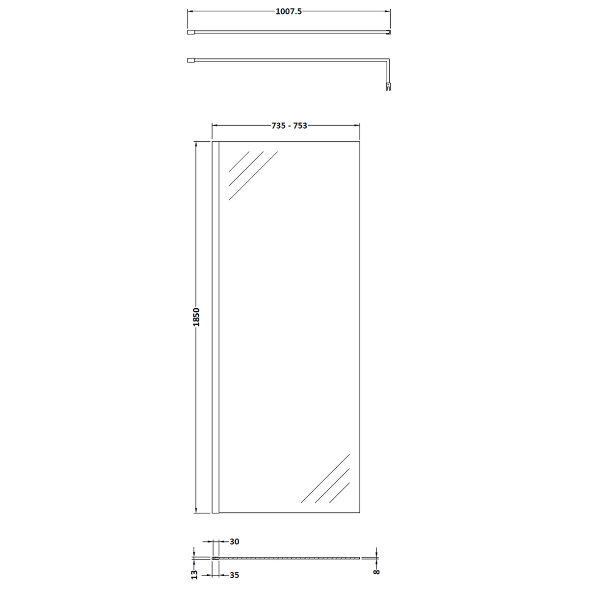 Fairford 760mm Brushed Brass 8mm Wetroom Screen - 1850mm High