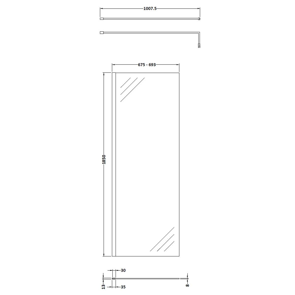 Fairford 700mm Matt Black 8mm Wetroom Screen - 1850mm High
