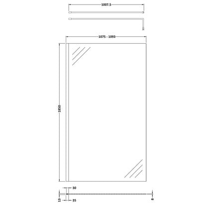 Fairford 1100mm Matt Black 8mm Wetroom Screen - 1850mm High