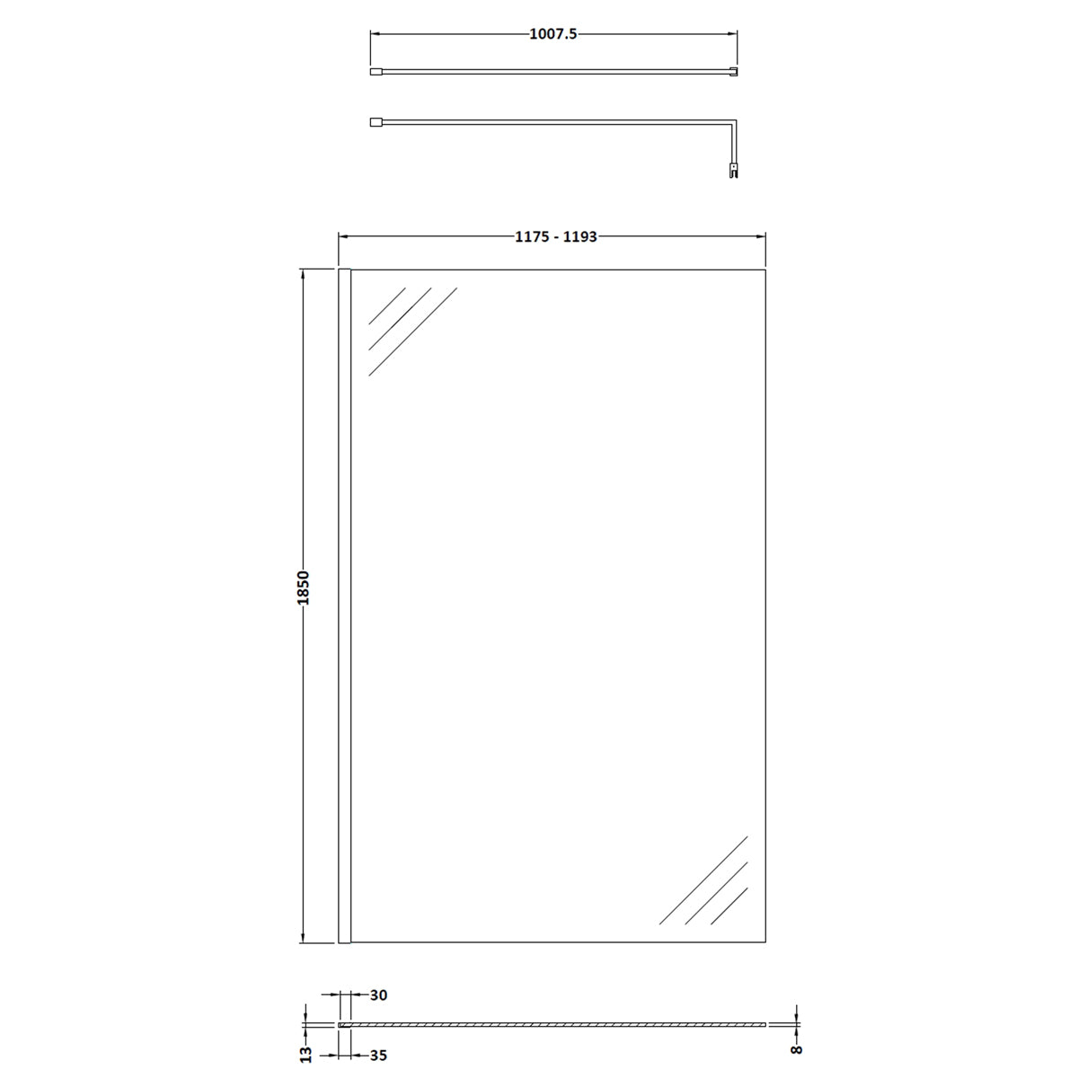 Fairford 1200mm Matt Black 8mm Wetroom Screen - 1850mm High