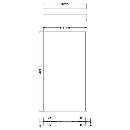 Fairford 1000mm Brushed Brass Vertically Framed 8mm Wetroom Screen - 1850mm High