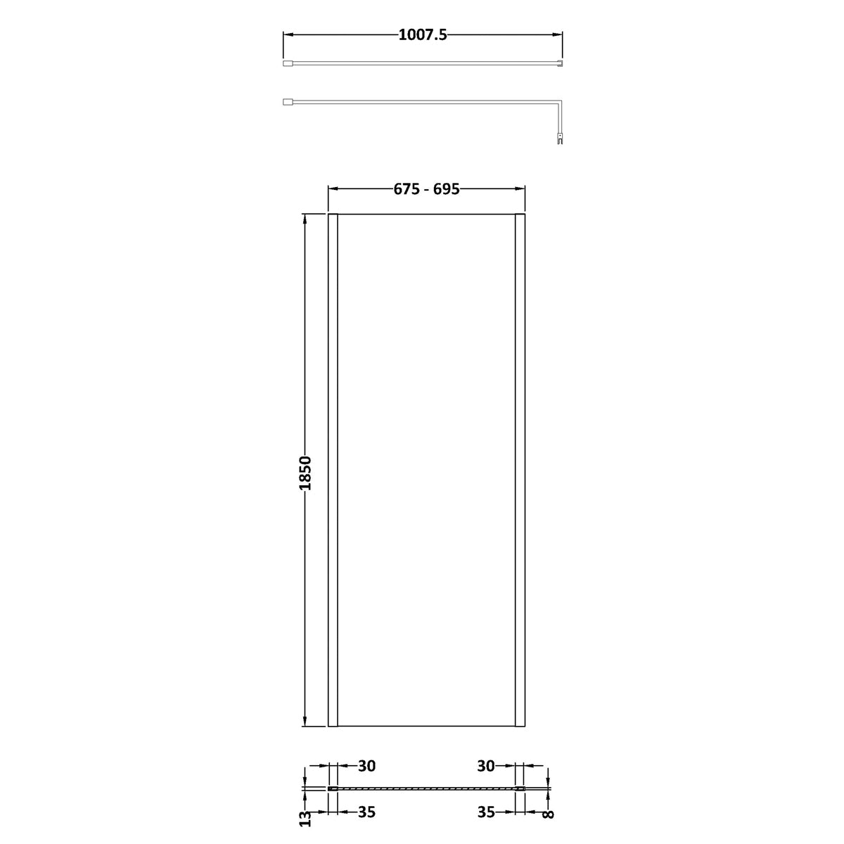 Fairford 700mm Brushed Brass Vertically Framed 8mm Wetroom Screen - 1850mm High